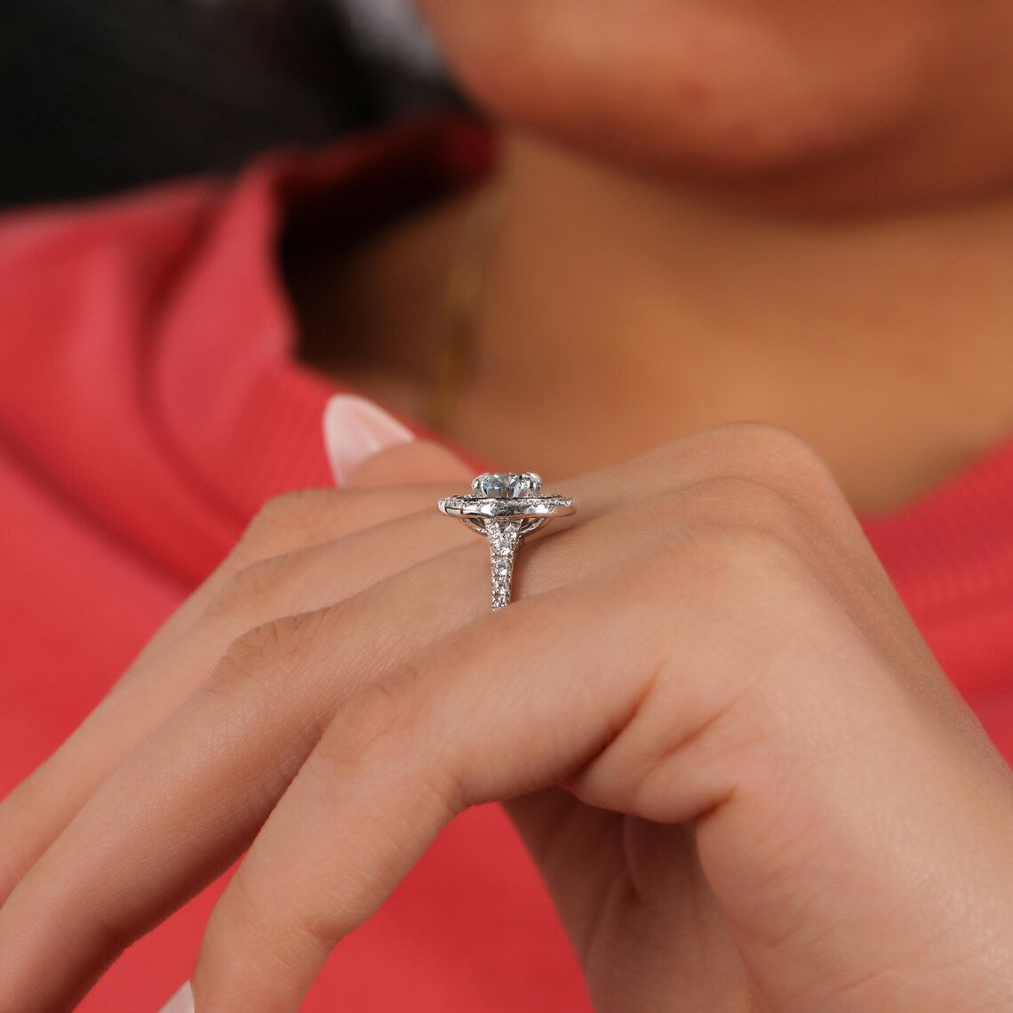 1.50 CT Blue Round Cut Lab Diamond Double Halo Engagement Ring