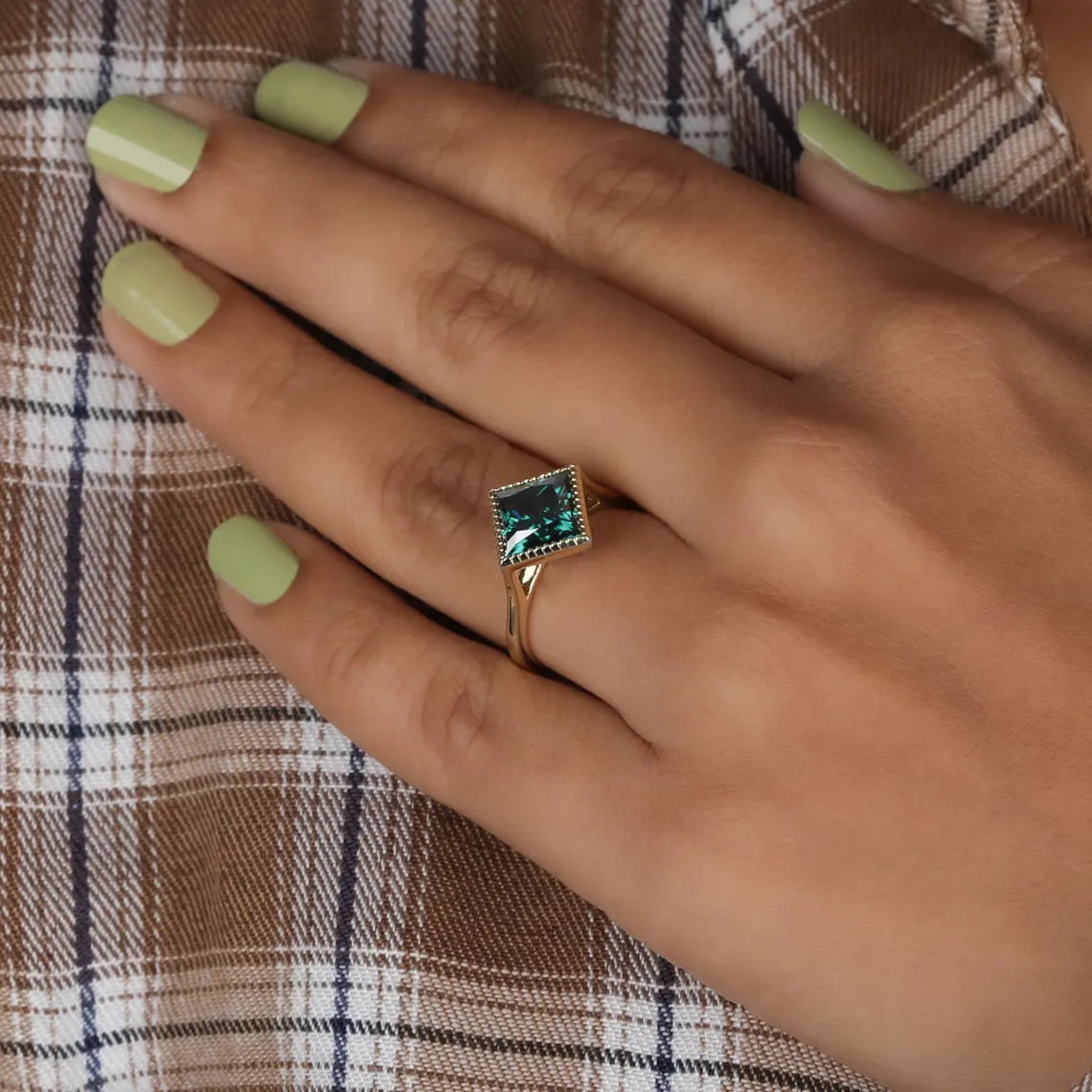 2.00 CT Green Princess Cut Lab Grown Diamond Engagement Ring