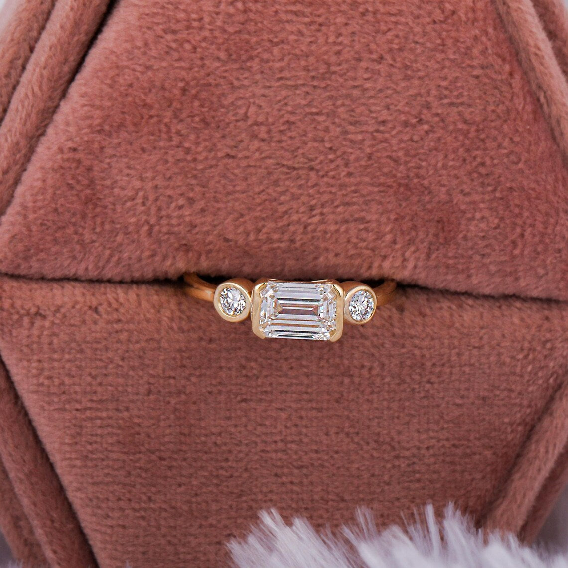 1.00 CT Emerald Lab Grown Diamond Three Stone Engagement Ring