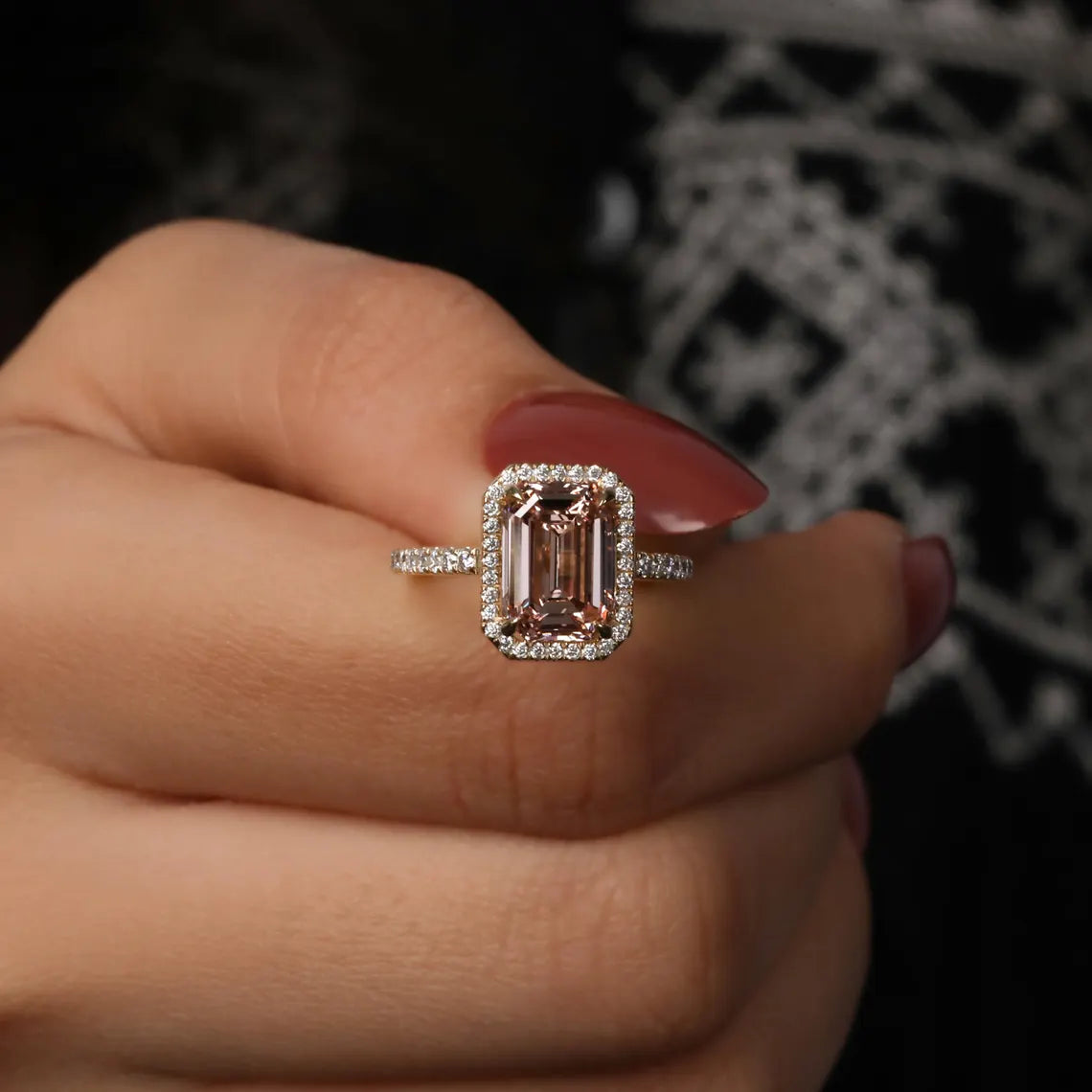 2 Carat Pink Color Emerald Cut Lab Diamond Halo Engagement Ring