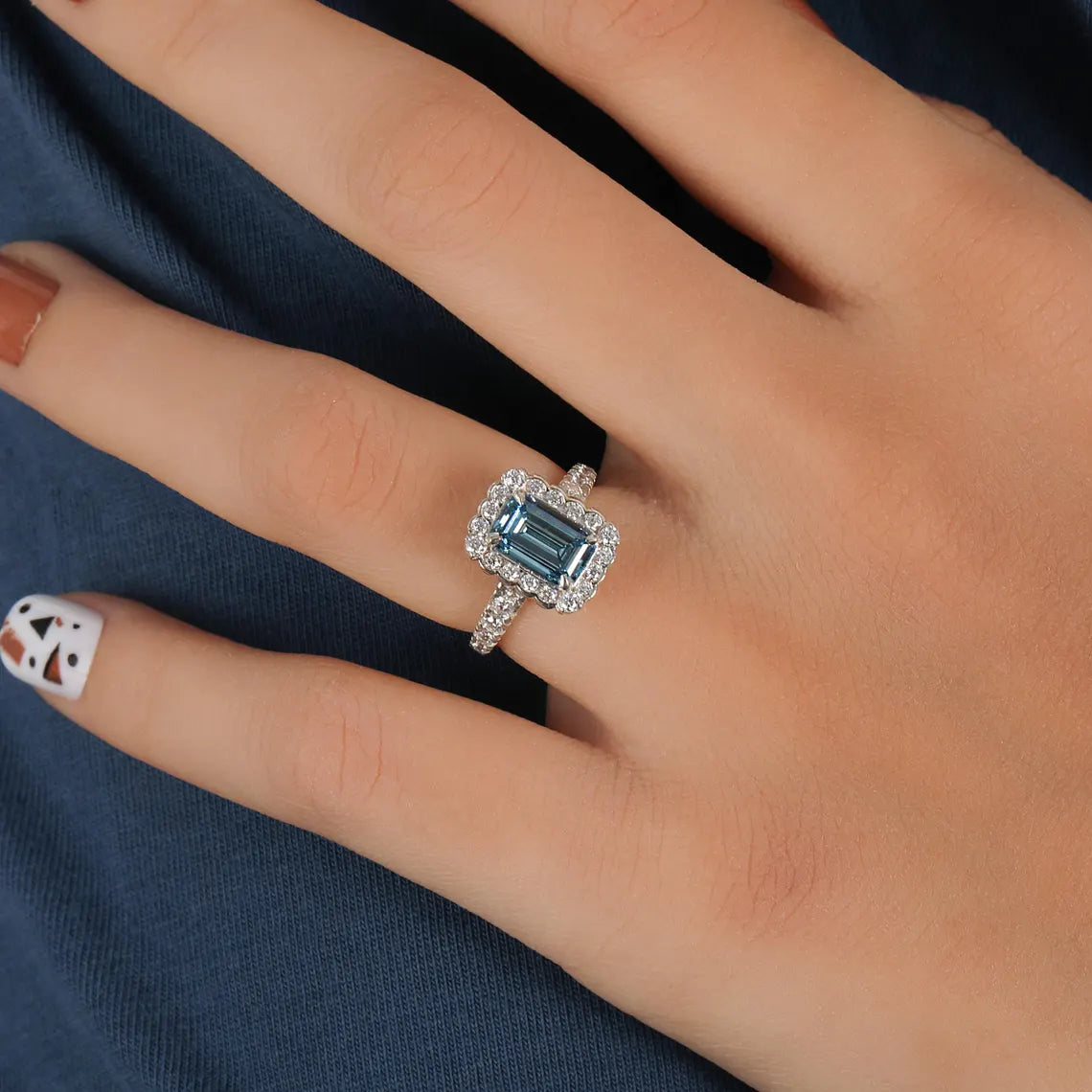 1.50 CT Fancy Vivid Blue Lab Diamond Emerald Cut Halo Engagement Ring
