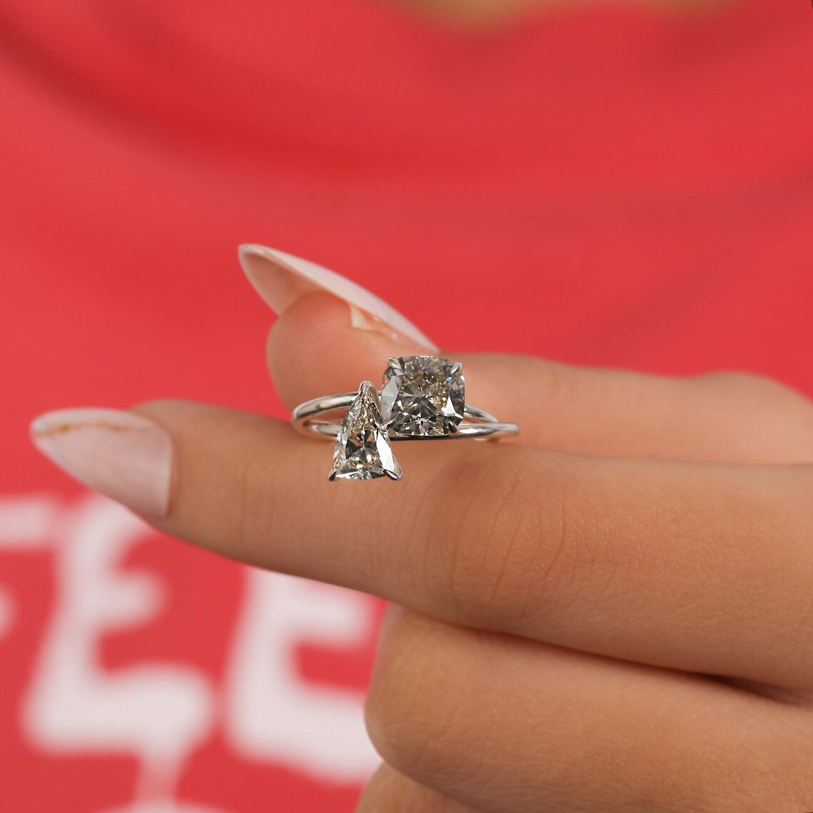 3.20 TCW Cushion & Trillion Cut Lab Diamond Toi Et Moi Engagement Ring