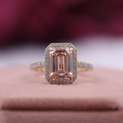 2 Carat Pink Color Emerald Cut Lab Diamond Halo Engagement Ring