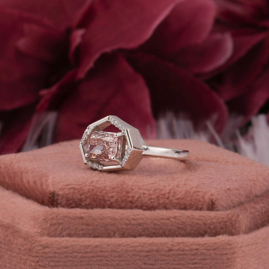 1.50 CT Pink Radiant Lab Grown Diamond Halo Engagement Ring