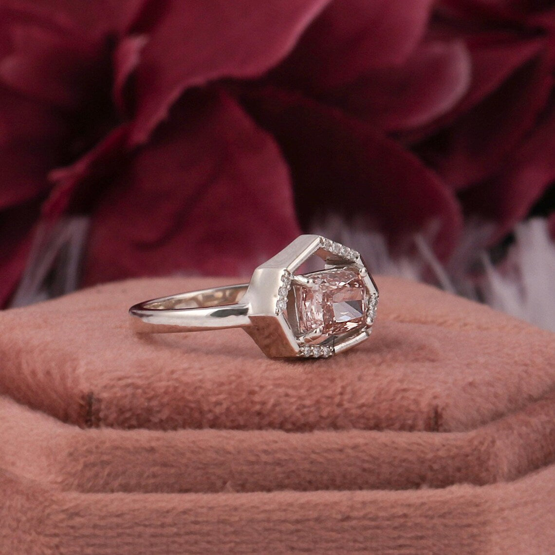 1.50 CT Pink Radiant Lab Grown Diamond Halo Engagement Ring
