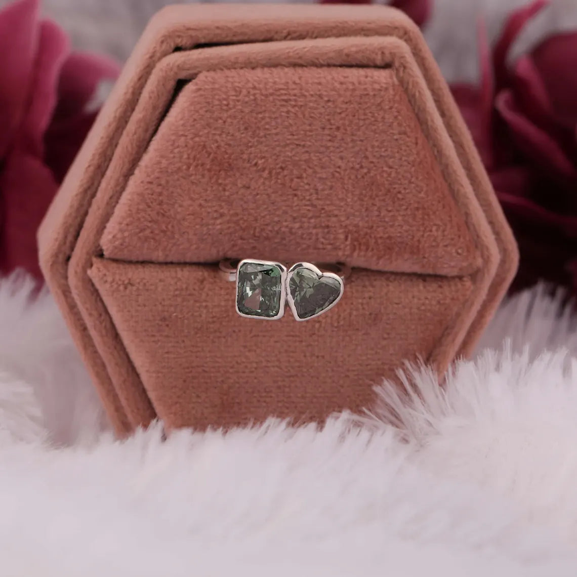 4.00 TCW Green Radiant & Heart Cut Lab Diamond Two Stone Engagement Ring